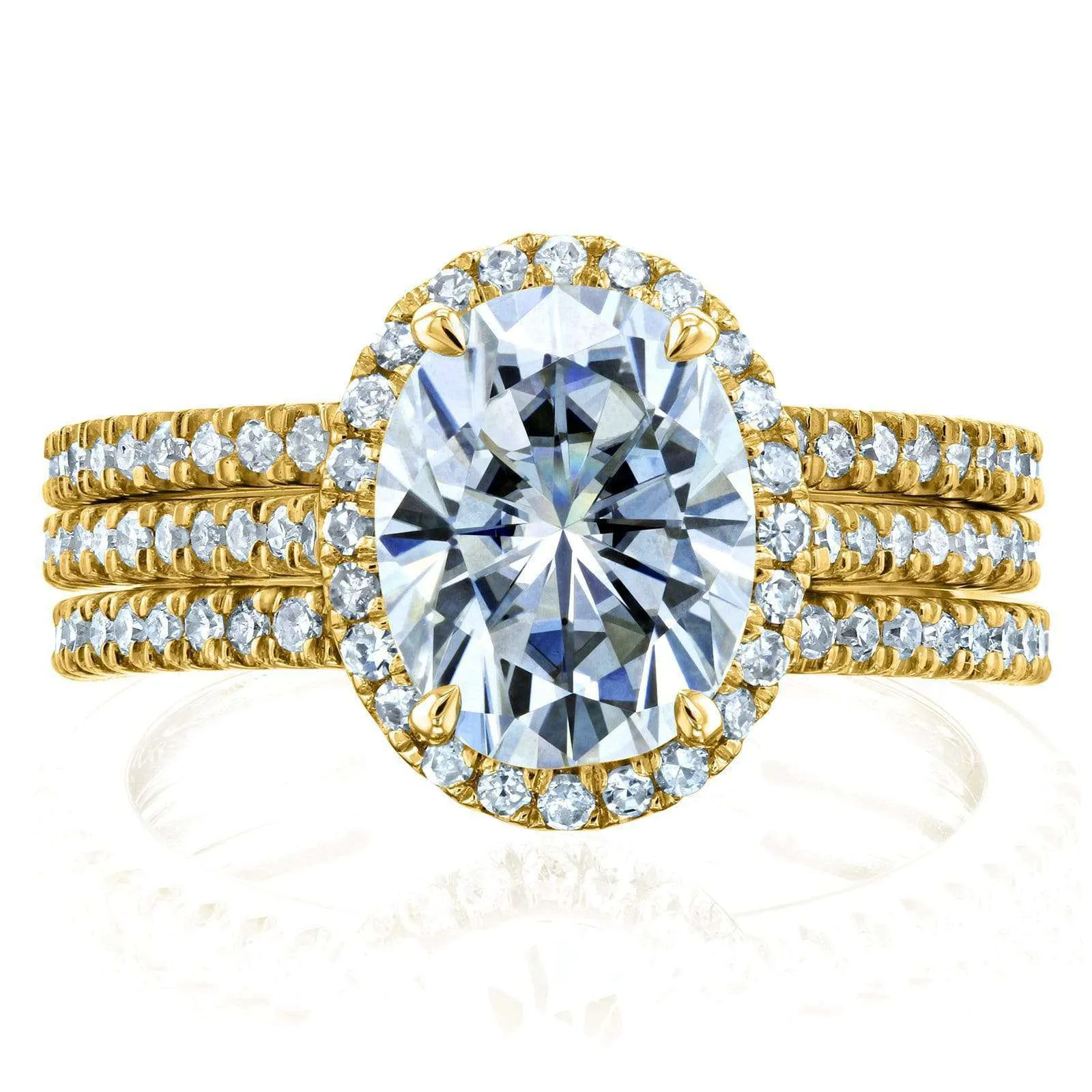 Oval Moissanite and Diamond Halo 3-Piece Bridal Rings Set 2 1/2 CTW 14k Yellow Gold