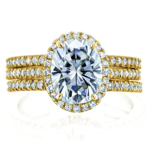 Oval Moissanite and Diamond Halo 3-Piece Bridal Rings Set 2 1/2 CTW 14k Yellow Gold