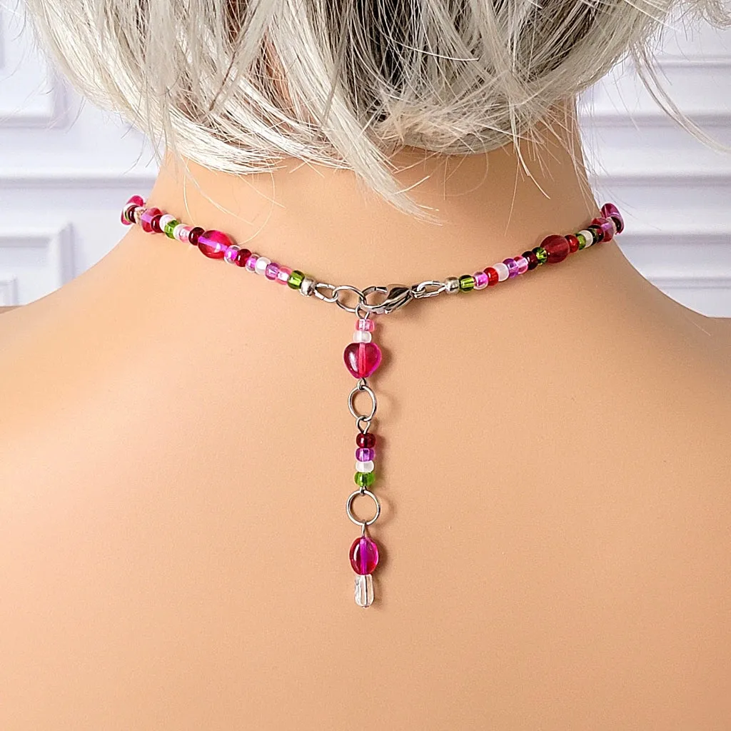 Pink Hearts Choker Glass Beaded Necklace