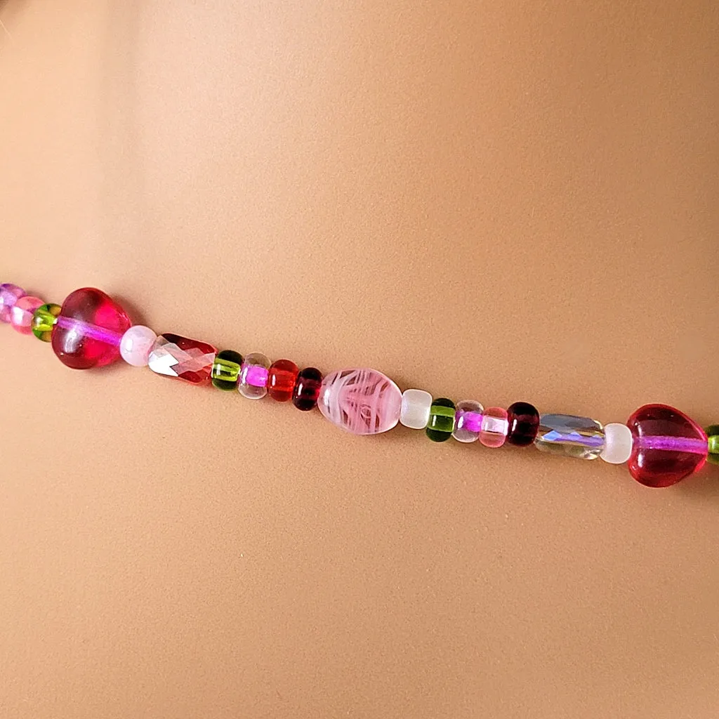 Pink Hearts Choker Glass Beaded Necklace