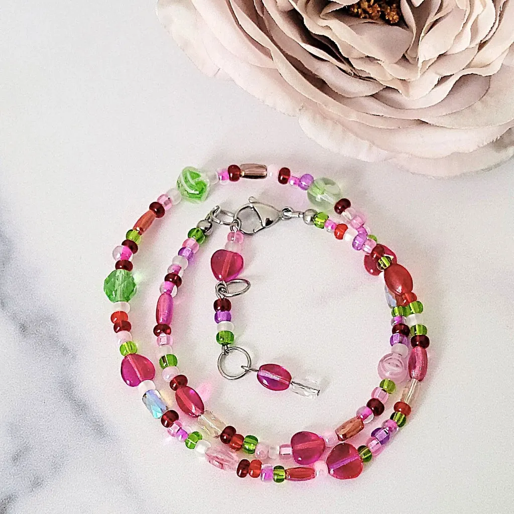 Pink Hearts Choker Glass Beaded Necklace