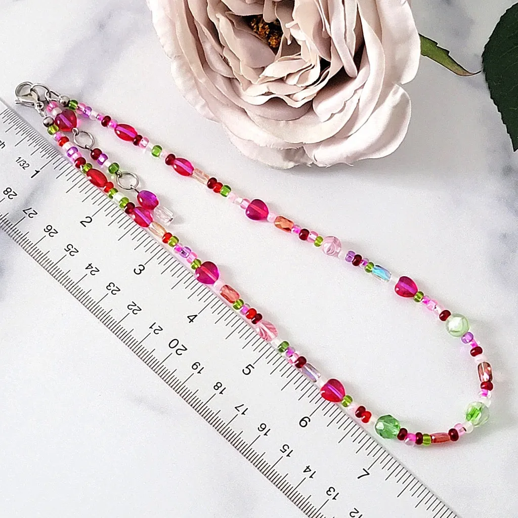 Pink Hearts Choker Glass Beaded Necklace