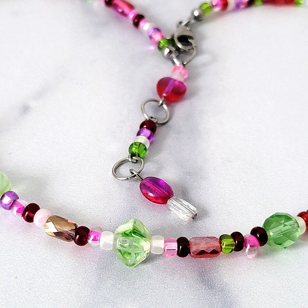 Pink Hearts Choker Glass Beaded Necklace
