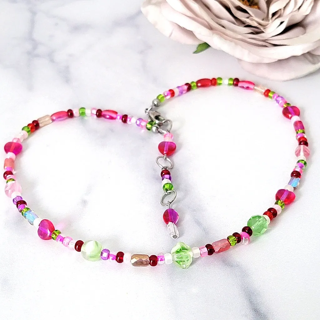 Pink Hearts Choker Glass Beaded Necklace