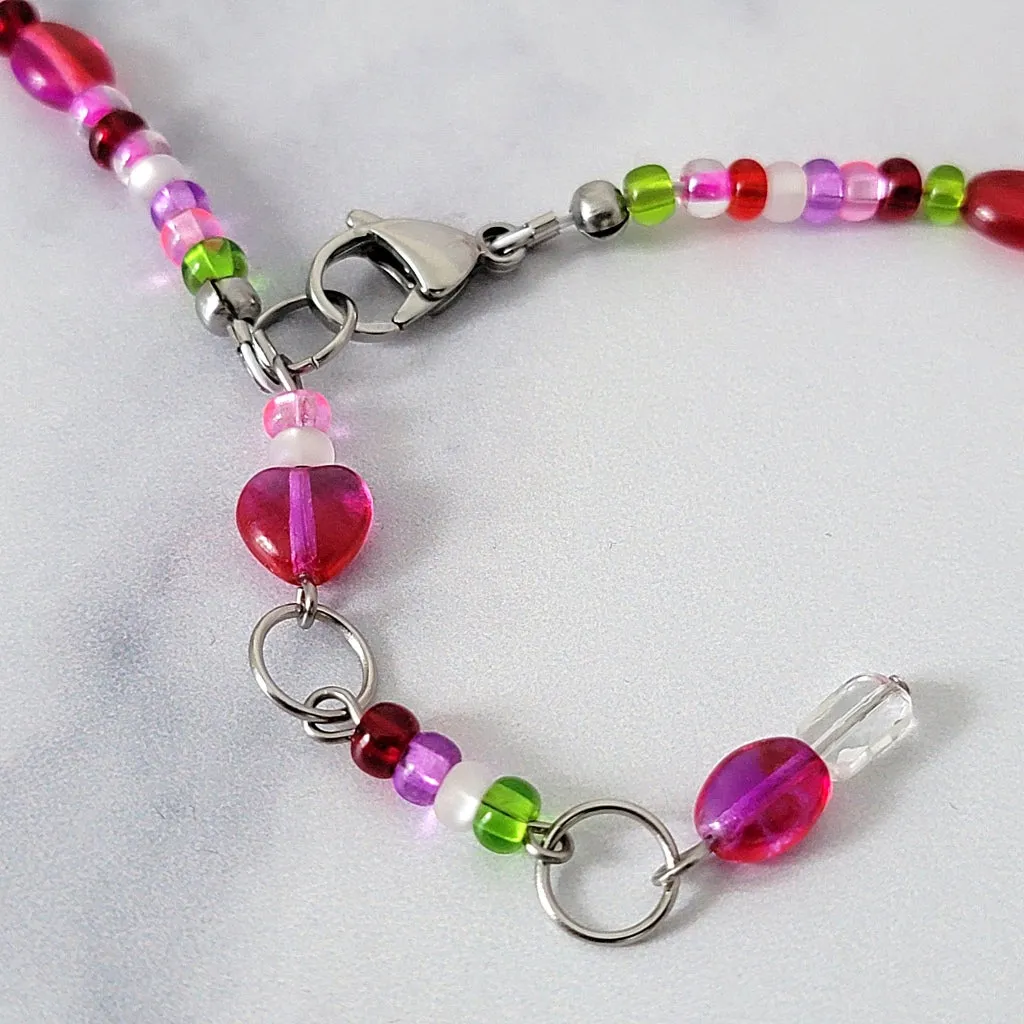 Pink Hearts Choker Glass Beaded Necklace
