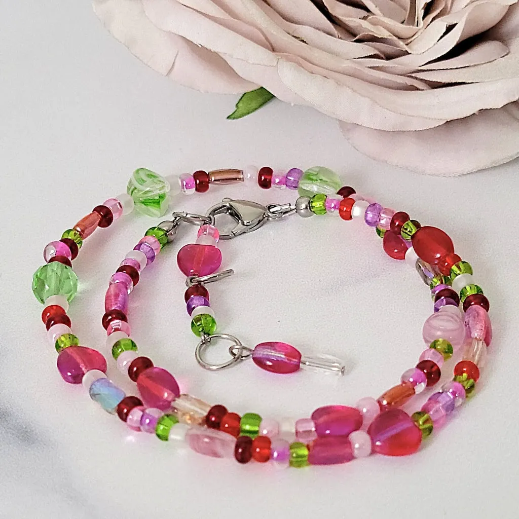 Pink Hearts Choker Glass Beaded Necklace