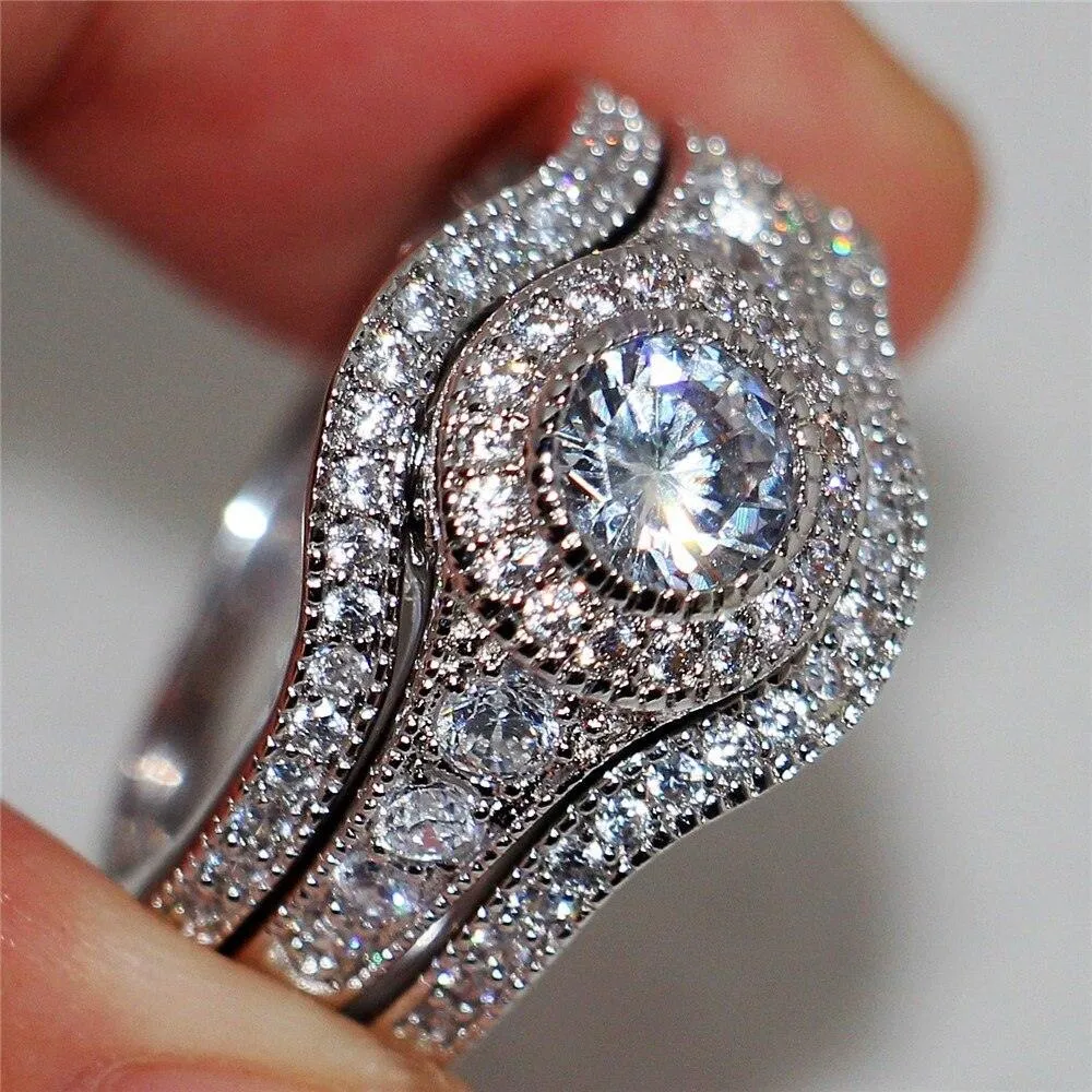 QUALITY RINGS Luxury Halo Three-piece Set Combination AAA  CZ Diamonds Rings Set