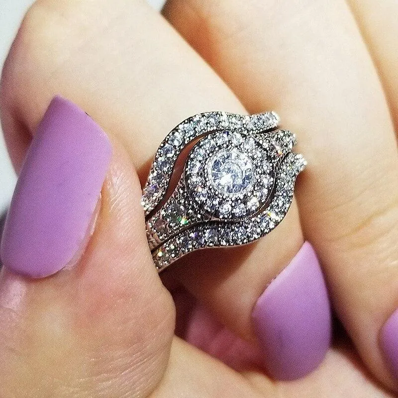 QUALITY RINGS Luxury Halo Three-piece Set Combination AAA  CZ Diamonds Rings Set