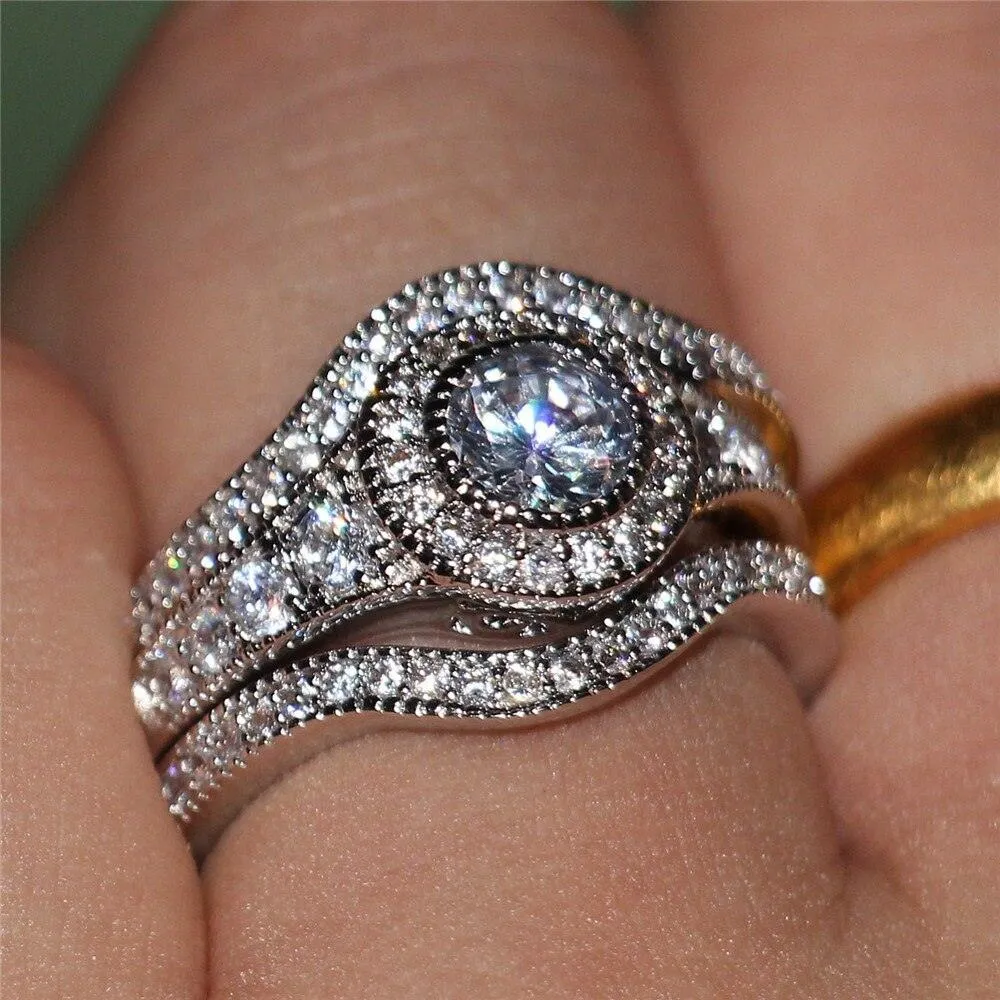 QUALITY RINGS Luxury Halo Three-piece Set Combination AAA  CZ Diamonds Rings Set