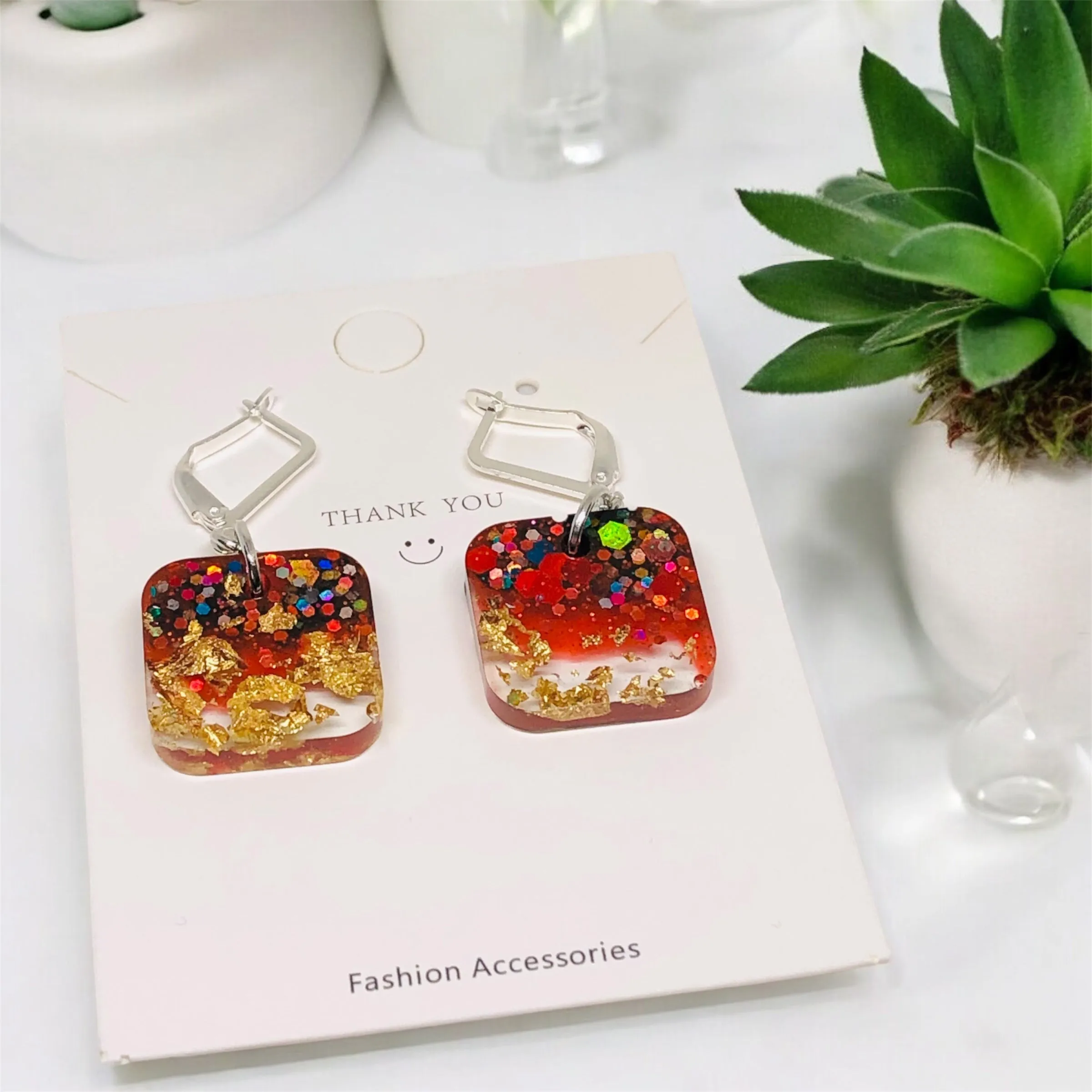 Red Simple Elegance Resin Earrings with S29 Silver Huggies