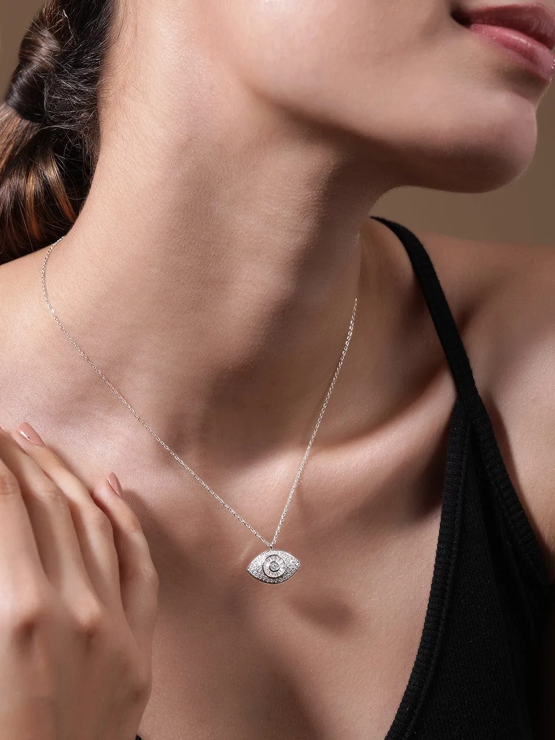 Rhodium-Plated Evil Eye Pendant Necklace with Pavé Cubic Zirconia Studded