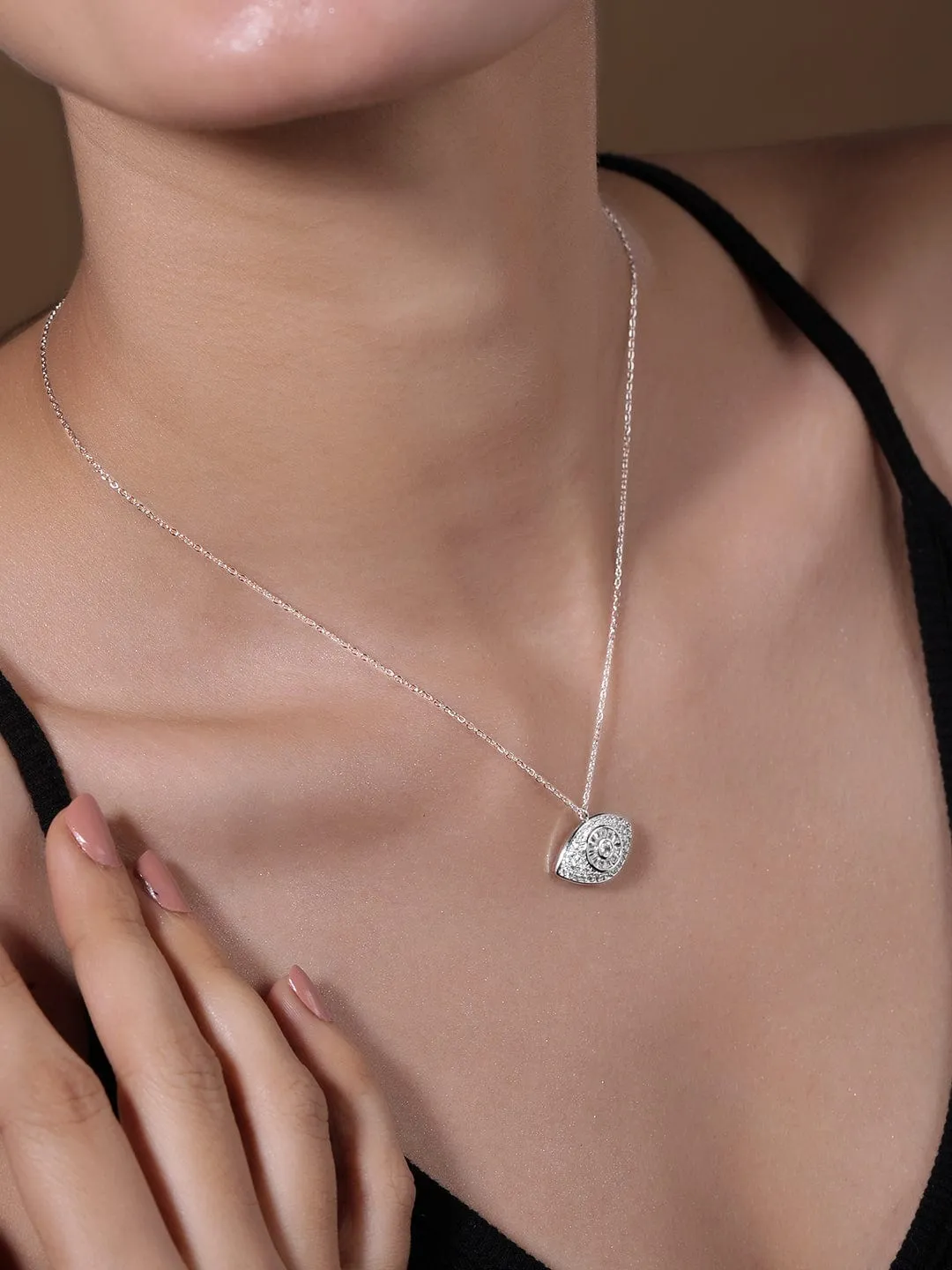 Rhodium-Plated Evil Eye Pendant Necklace with Pavé Cubic Zirconia Studded