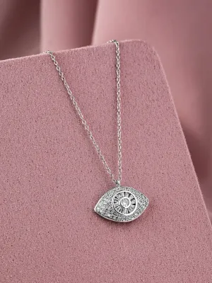 Rhodium-Plated Evil Eye Pendant Necklace with Pavé Cubic Zirconia Studded