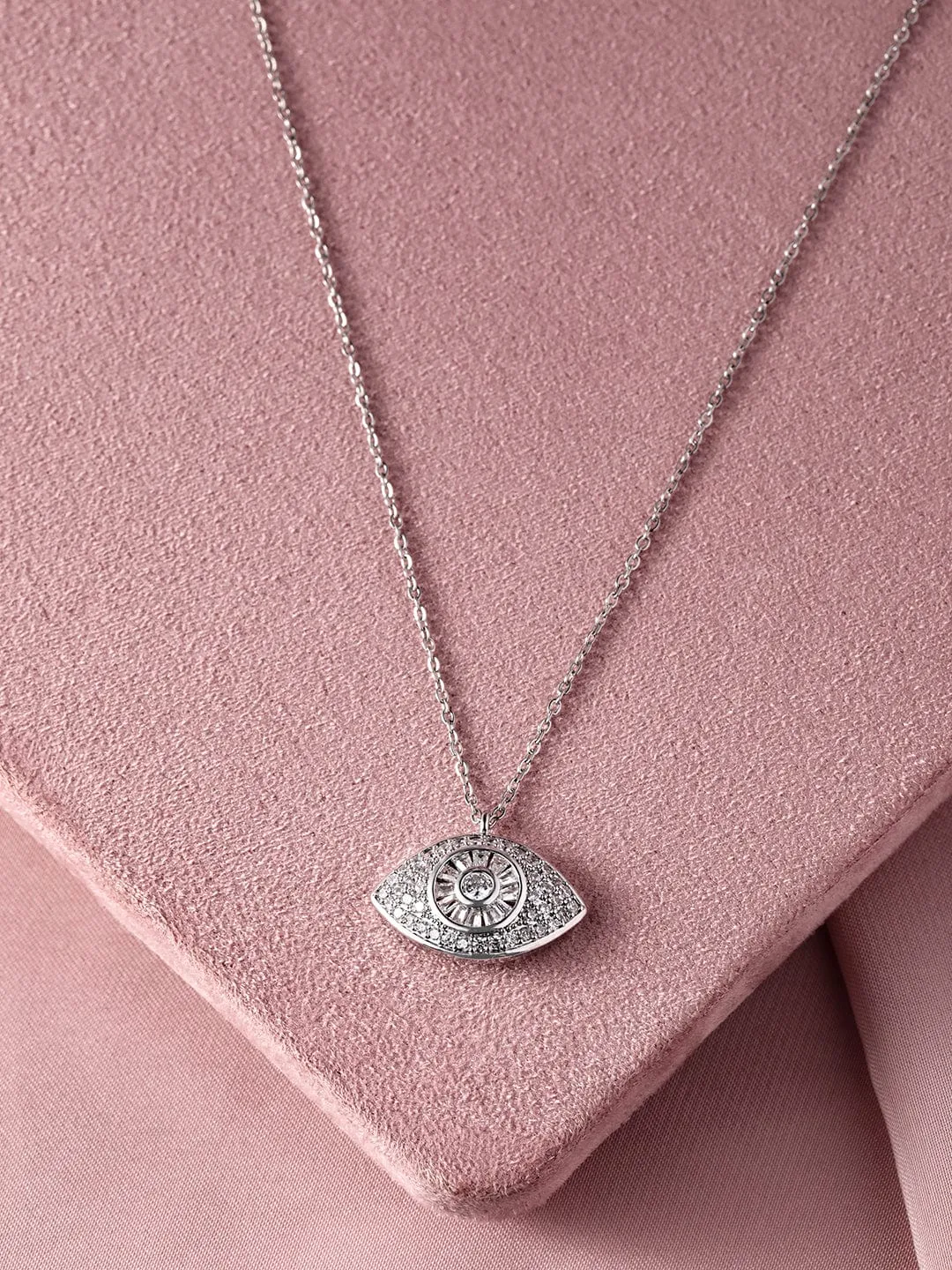 Rhodium-Plated Evil Eye Pendant Necklace with Pavé Cubic Zirconia Studded