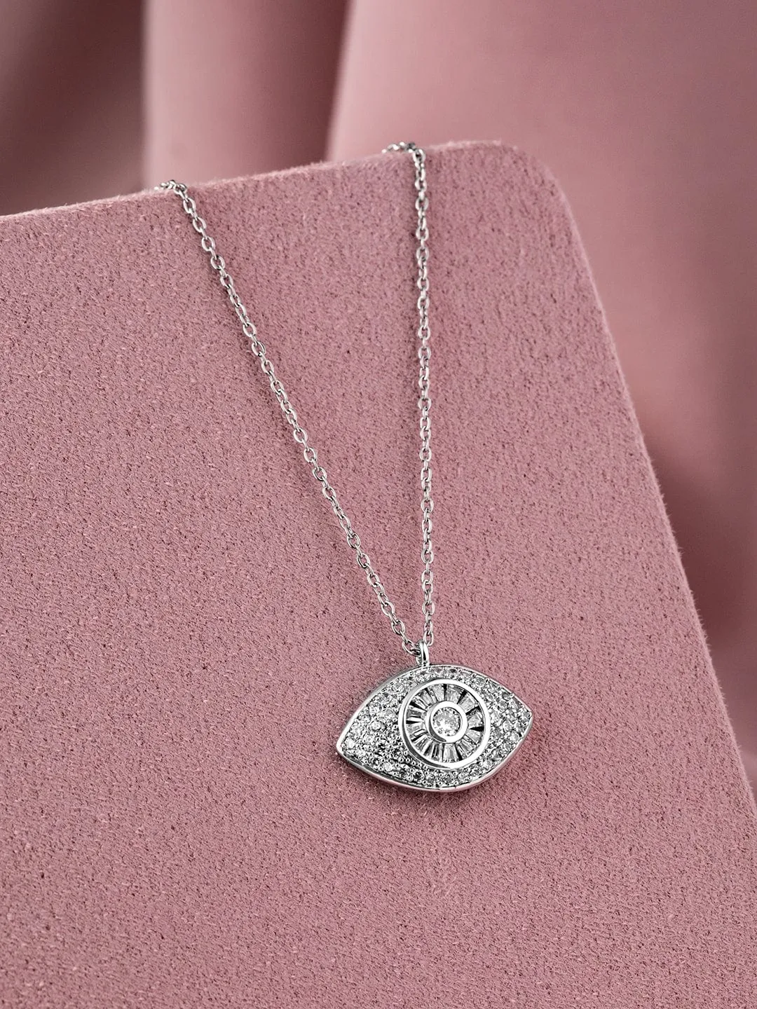 Rhodium-Plated Evil Eye Pendant Necklace with Pavé Cubic Zirconia Studded