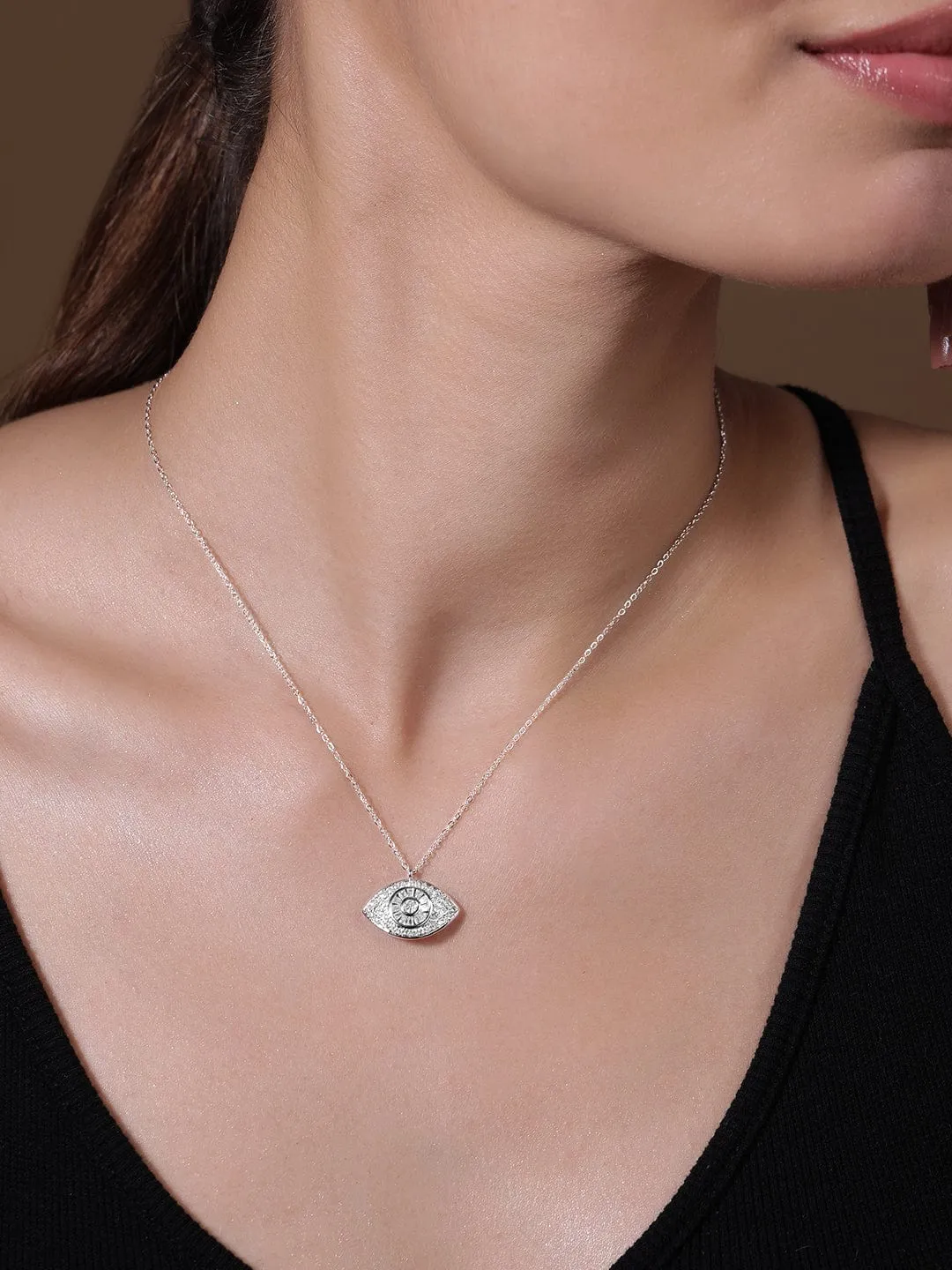 Rhodium-Plated Evil Eye Pendant Necklace with Pavé Cubic Zirconia Studded