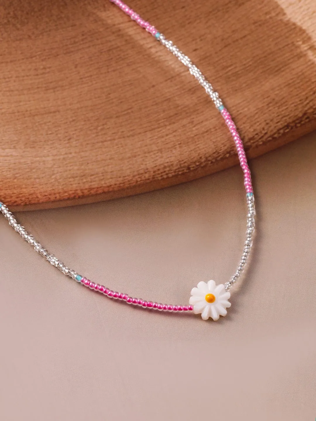 Rhodium Plated Multicolor Beaded Necklace with Daisy Flower Pendant
