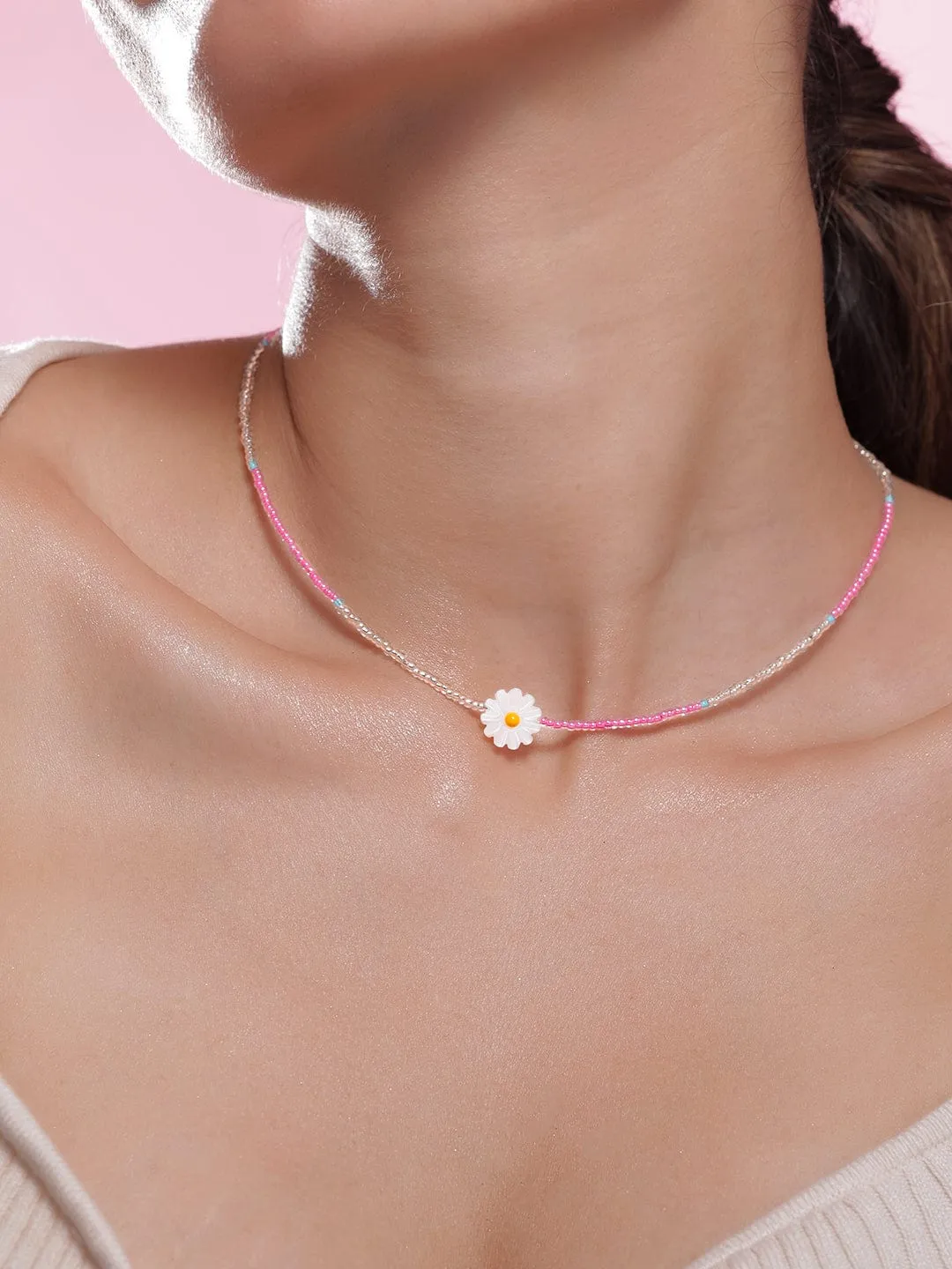 Rhodium Plated Multicolor Beaded Necklace with Daisy Flower Pendant