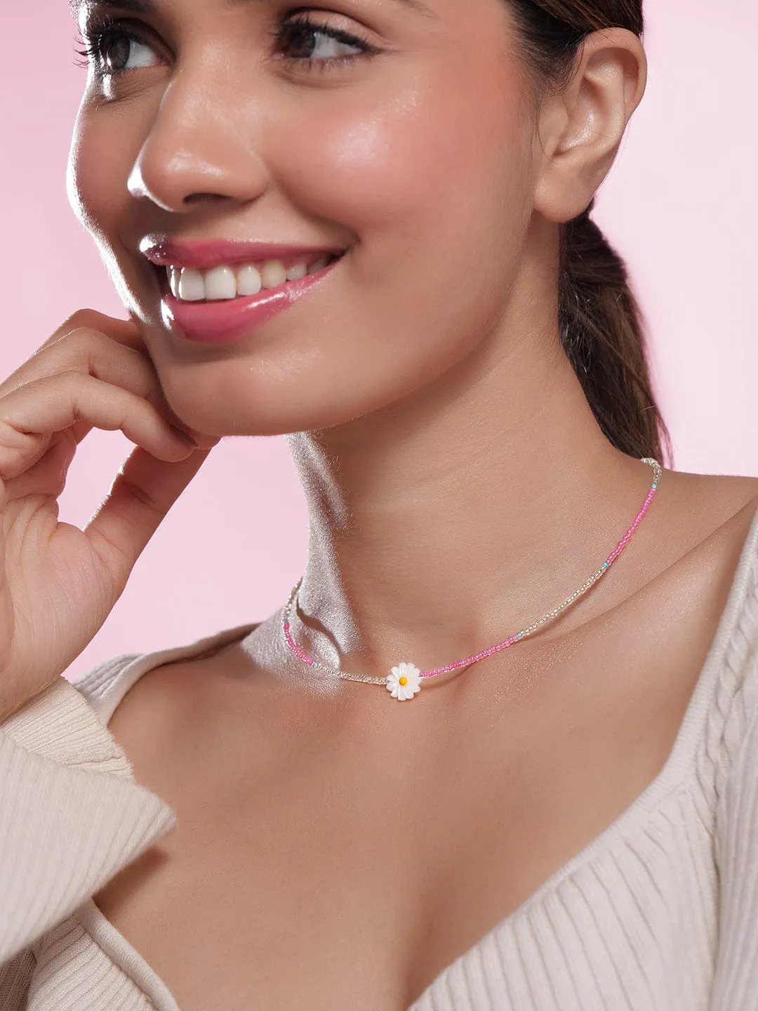 Rhodium Plated Multicolor Beaded Necklace with Daisy Flower Pendant