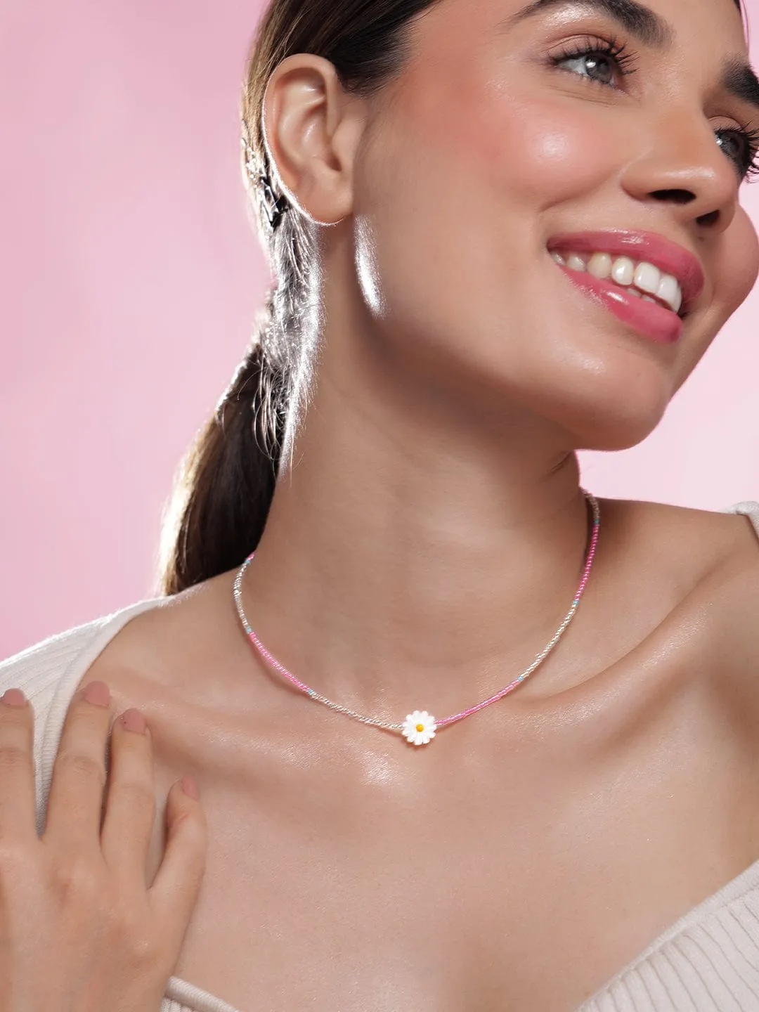 Rhodium Plated Multicolor Beaded Necklace with Daisy Flower Pendant