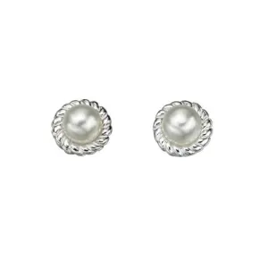 Rope Edge Silver Solitaire Pearl Stud Earrings