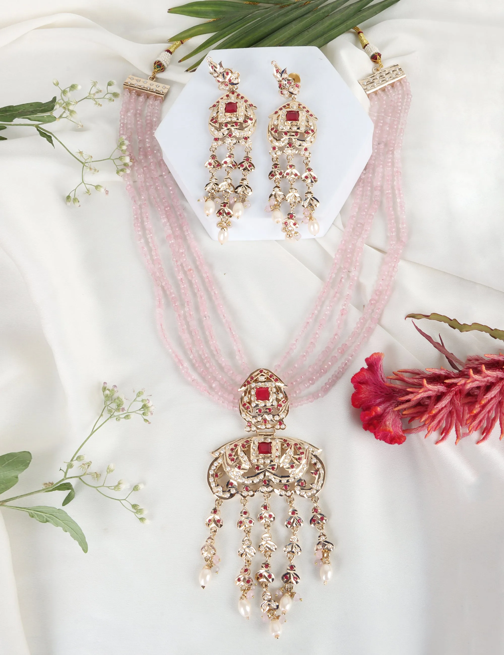 Royal Jadau Pink Jadau Necklace Set with Earrings