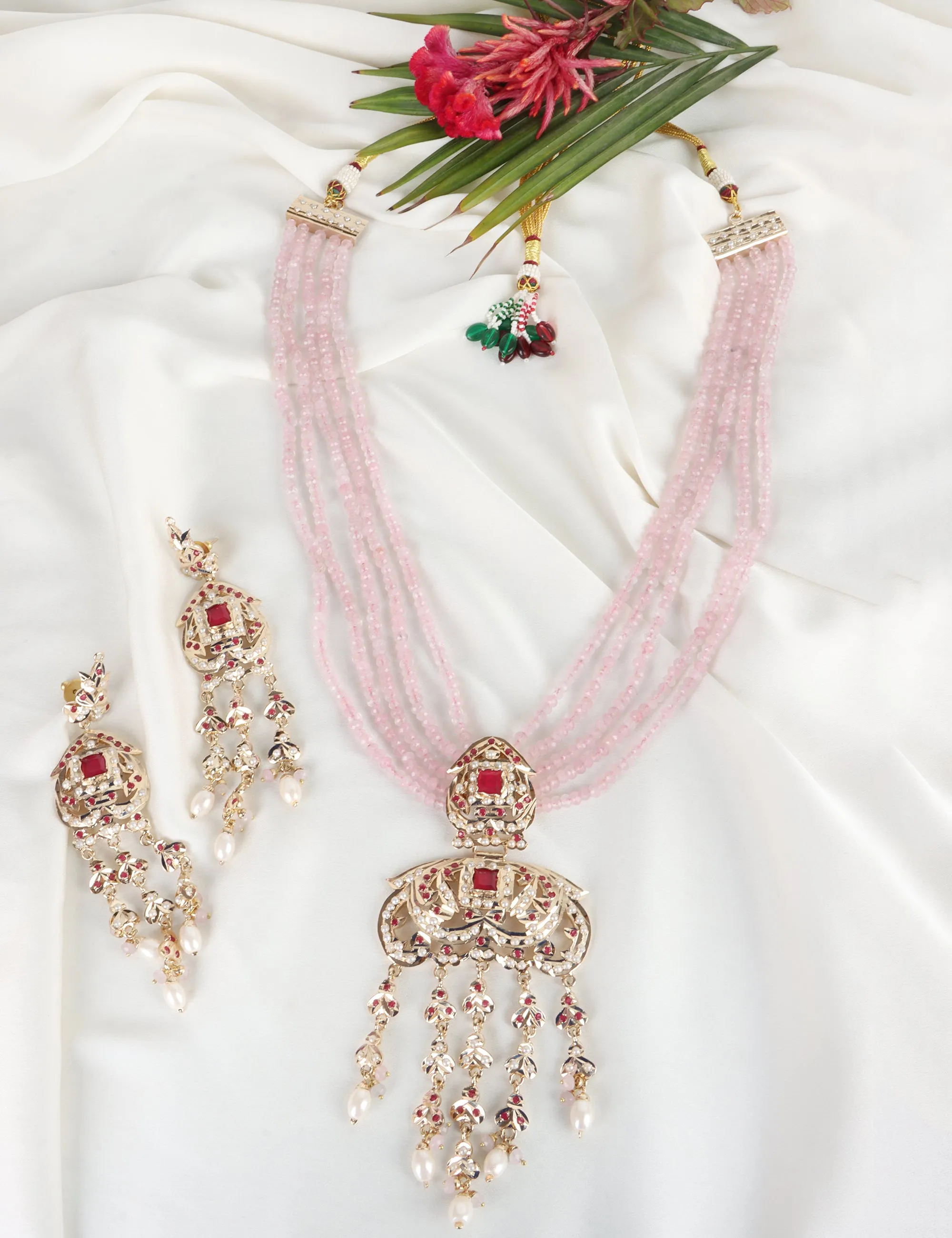 Royal Jadau Pink Jadau Necklace Set with Earrings