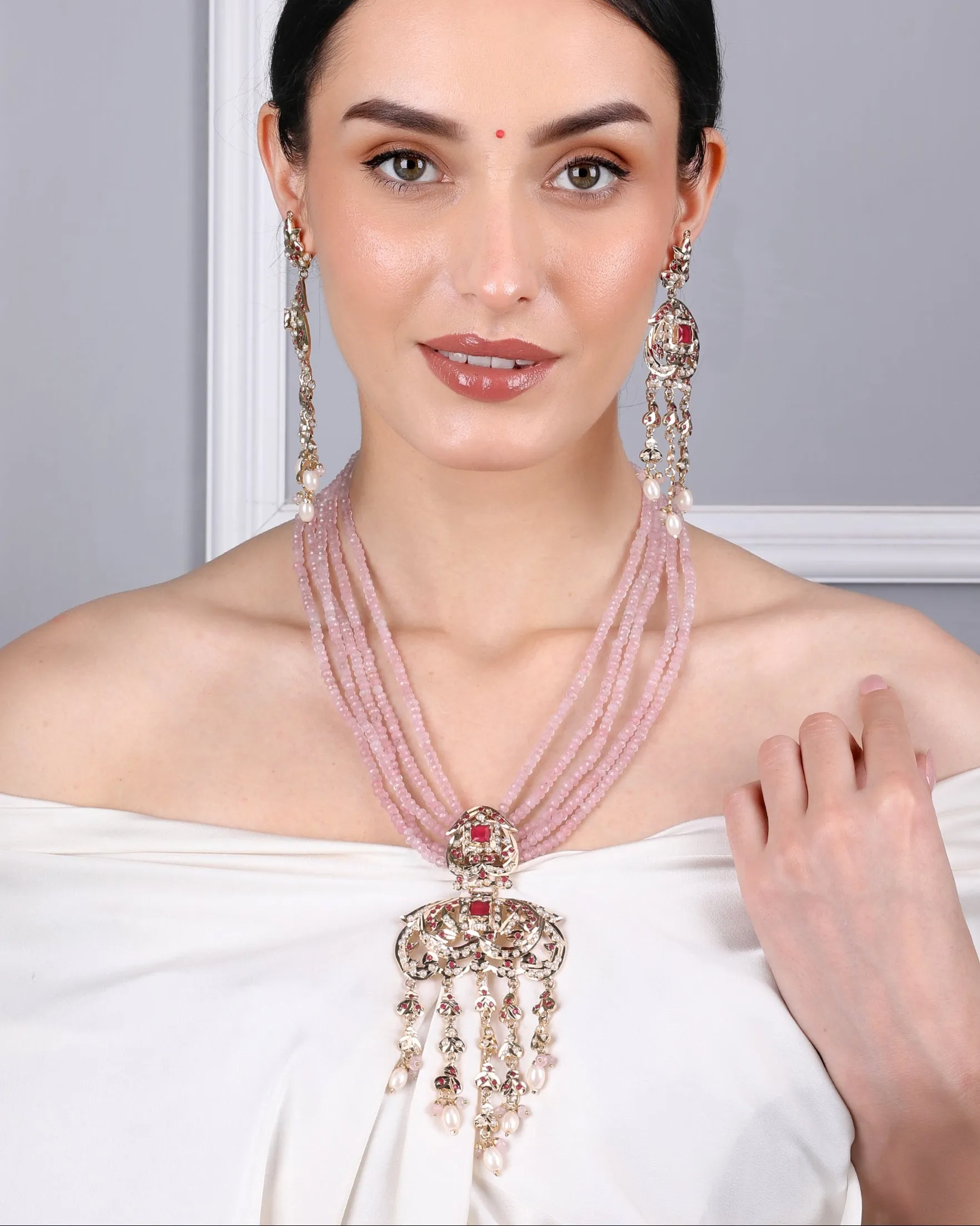 Royal Jadau Pink Jadau Necklace Set with Earrings