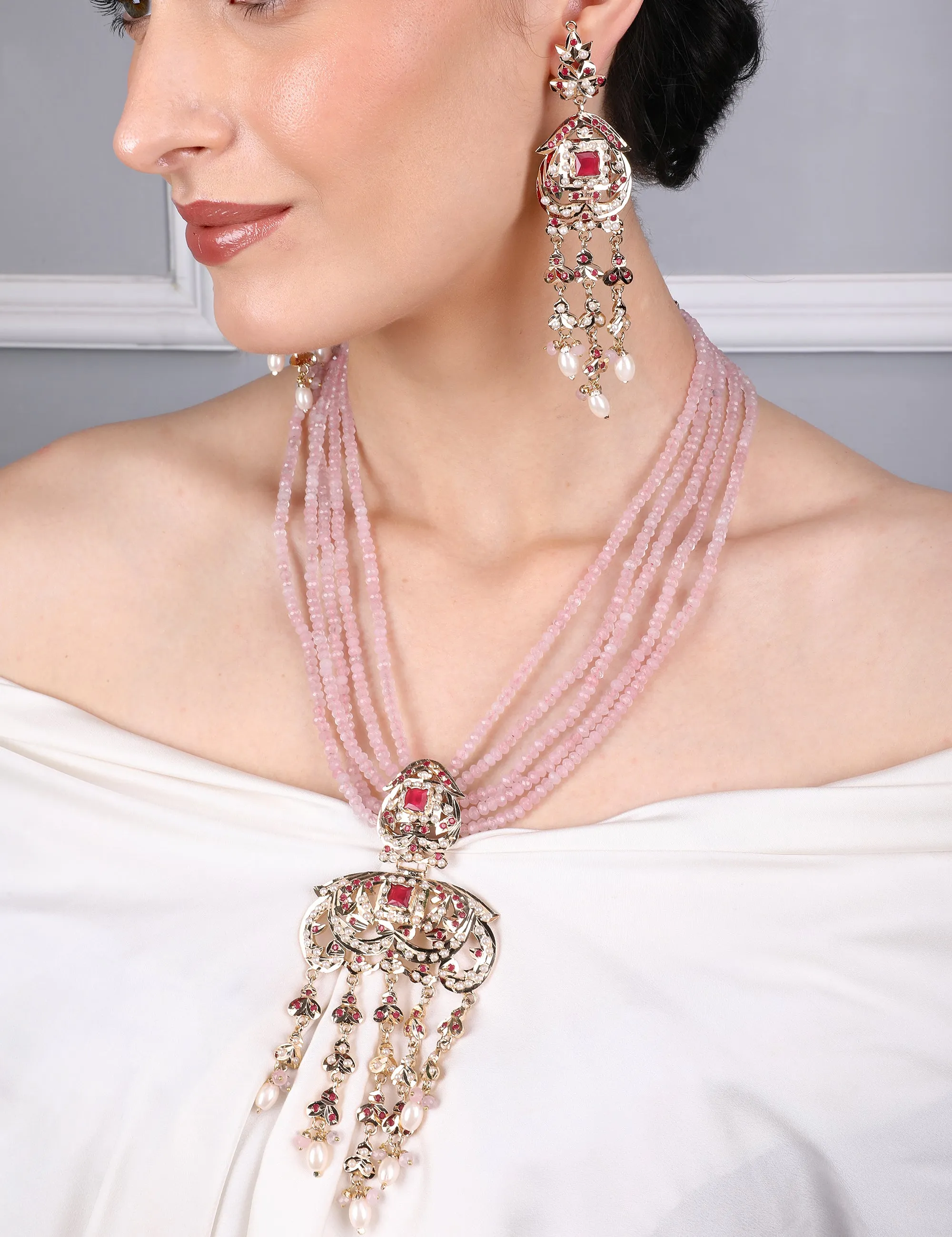 Royal Jadau Pink Jadau Necklace Set with Earrings