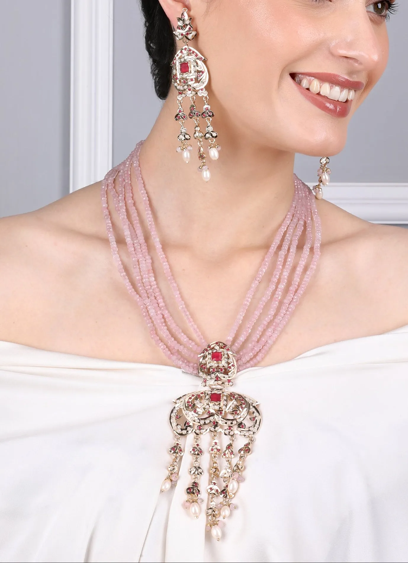 Royal Jadau Pink Jadau Necklace Set with Earrings
