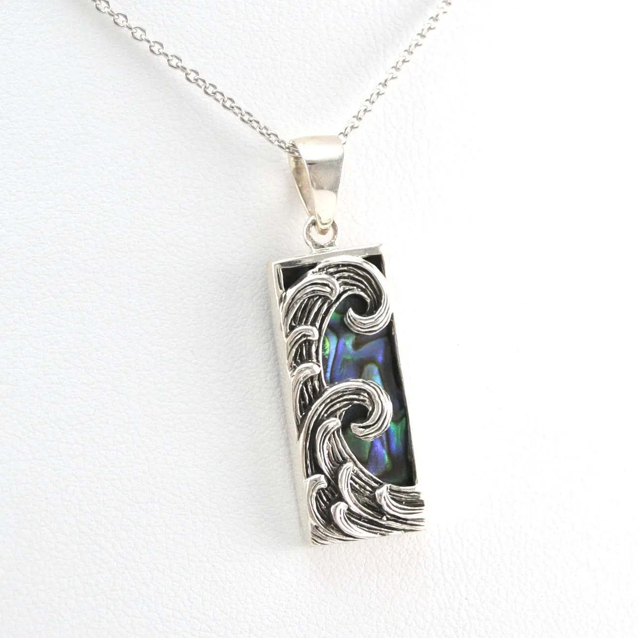 Sterling Silver Abalone Rectangle Small Wave Necklace