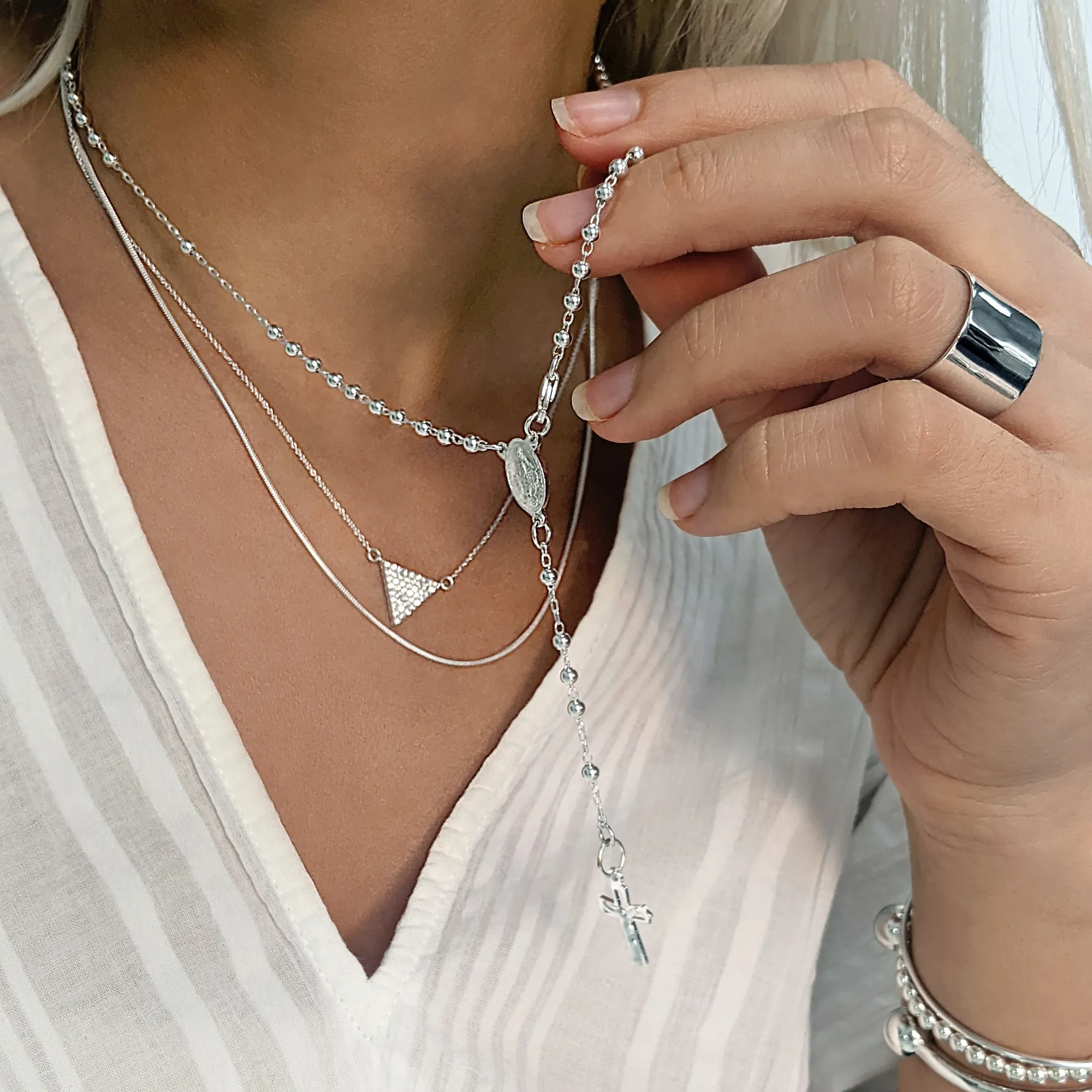 Sterling Silver Cross Rosary Beads - Virgin Mary Chain Necklace 46cm