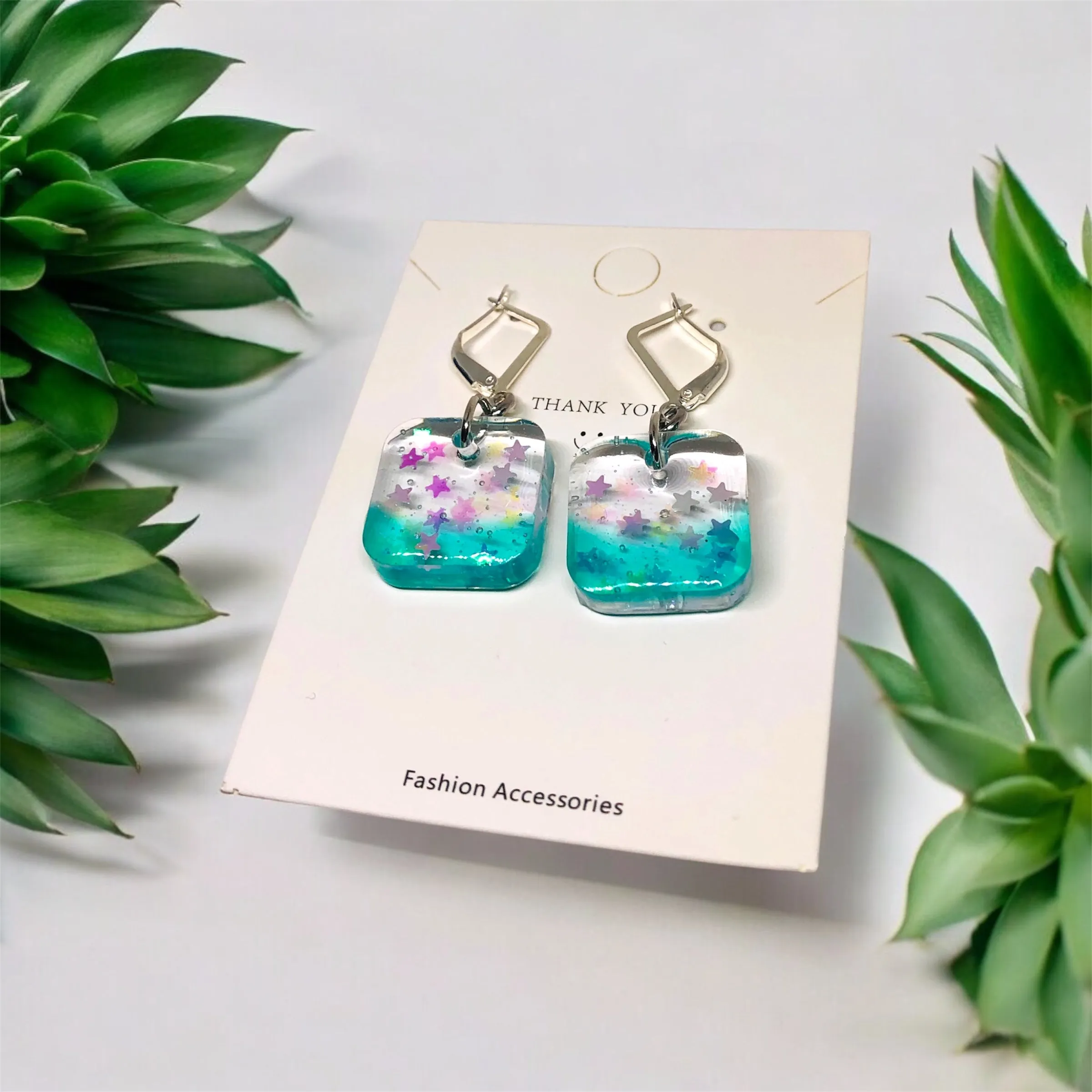 Teal Simple Elegance Resin Earrings with S29 Silver Huggies