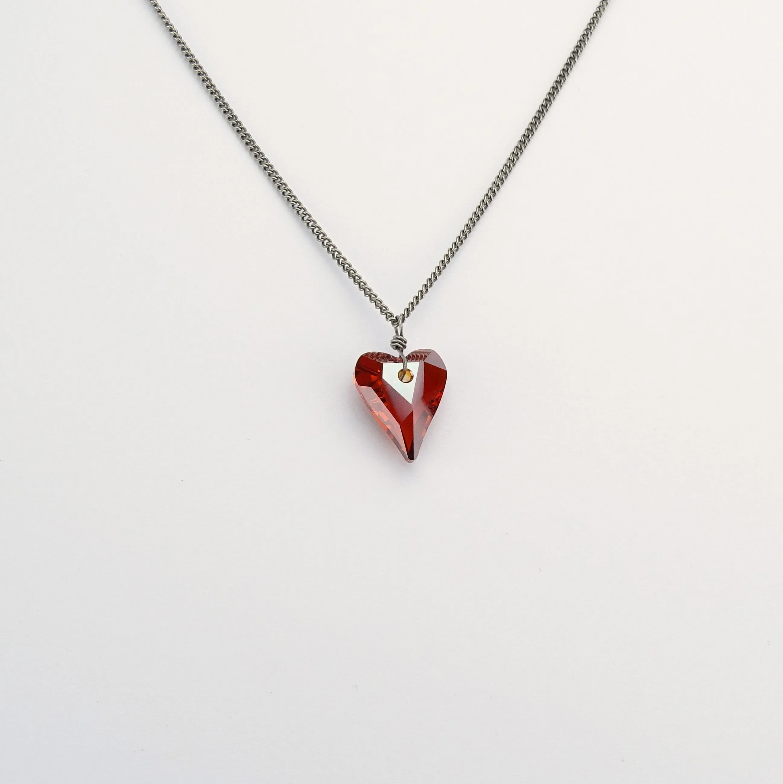 Titanium Necklace with Red Crystal Heart Pendant