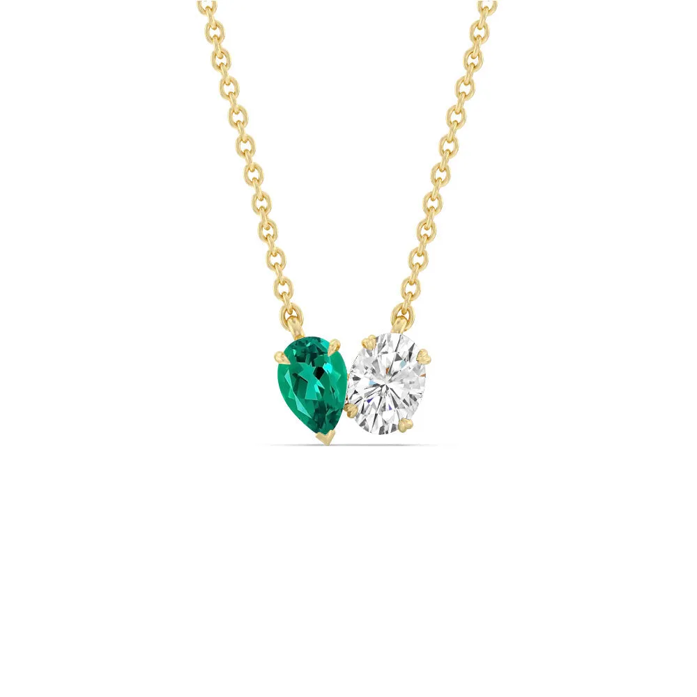 Toi Et Moi Created Emerald Pear and Oval Diamond Necklace