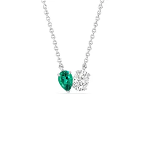 Toi Et Moi Created Emerald Pear and Oval Diamond Necklace