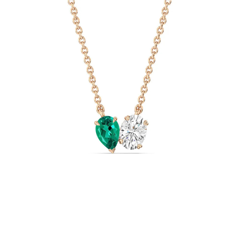 Toi Et Moi Created Emerald Pear and Oval Diamond Necklace
