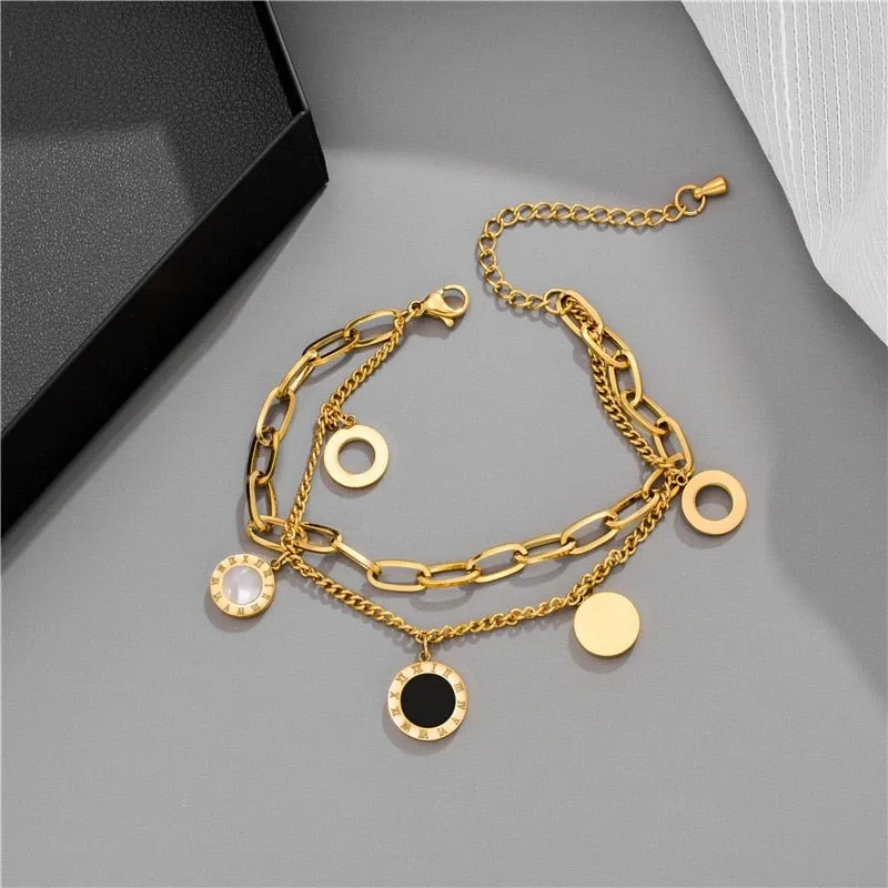 Unique Layered Bracelet | Golden Pendant & Pearl Accents