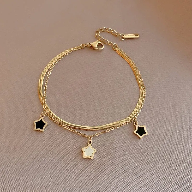 Unique Layered Bracelet | Golden Pendant & Pearl Accents