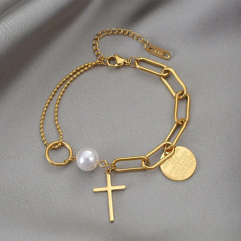 Unique Layered Bracelet | Golden Pendant & Pearl Accents