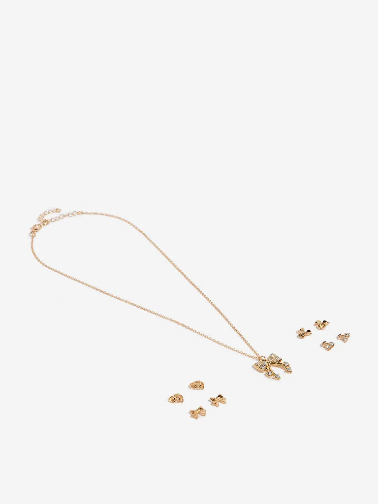 Westside Accessories Gold Bow-Designed Pendant Necklace & Earrings Set