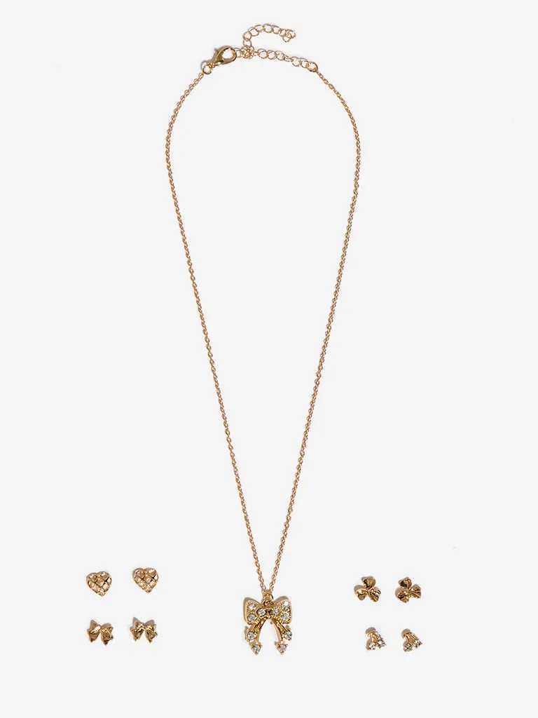 Westside Accessories Gold Bow-Designed Pendant Necklace & Earrings Set