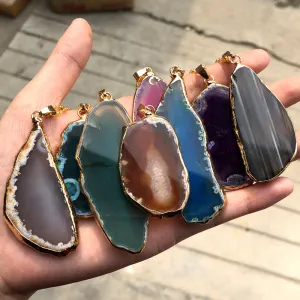 Wholesale Colorful Natural Agate Raw Stone Sliced Necklace Sweater Chain